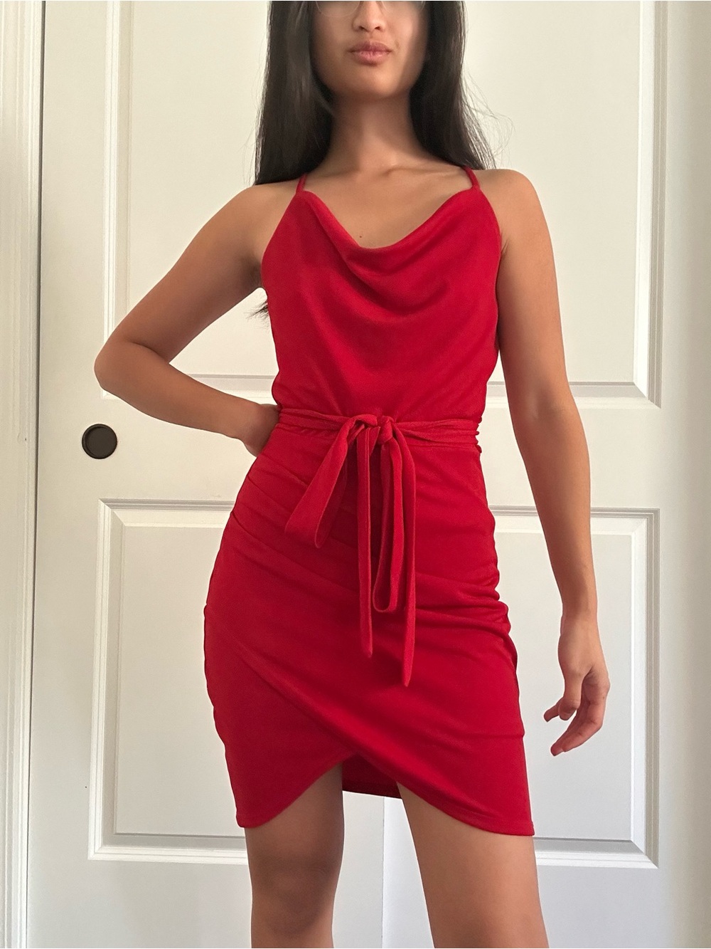 Emerald Sundae Red Cowl-Neck Tie-Waist Mini Dress